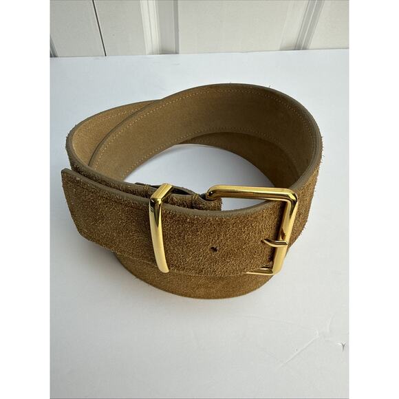 Anthropologie Women’s XL Tan Square Gold buckle leather Suede Belt EUC - Picture 2 of 6